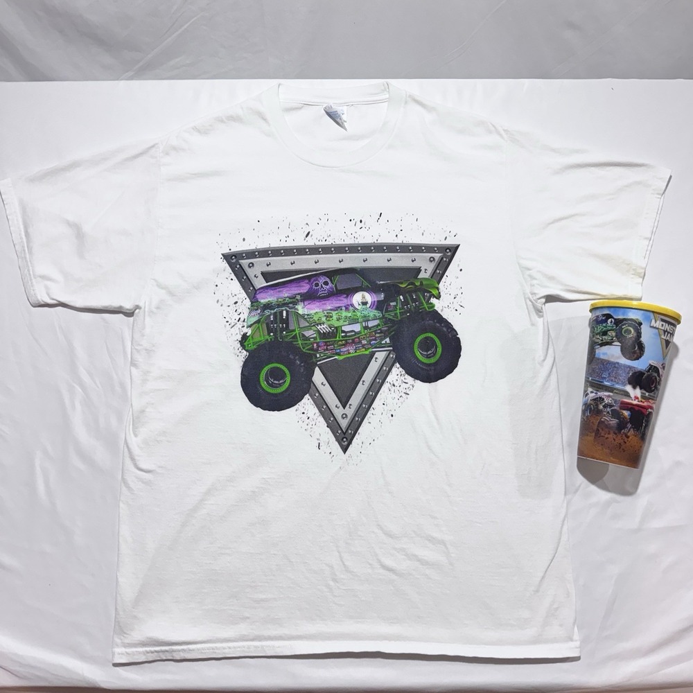 Monster Truck Grave Digger T-Shirt Size L 100% Cotton & Monster Jam Souvenir Cup